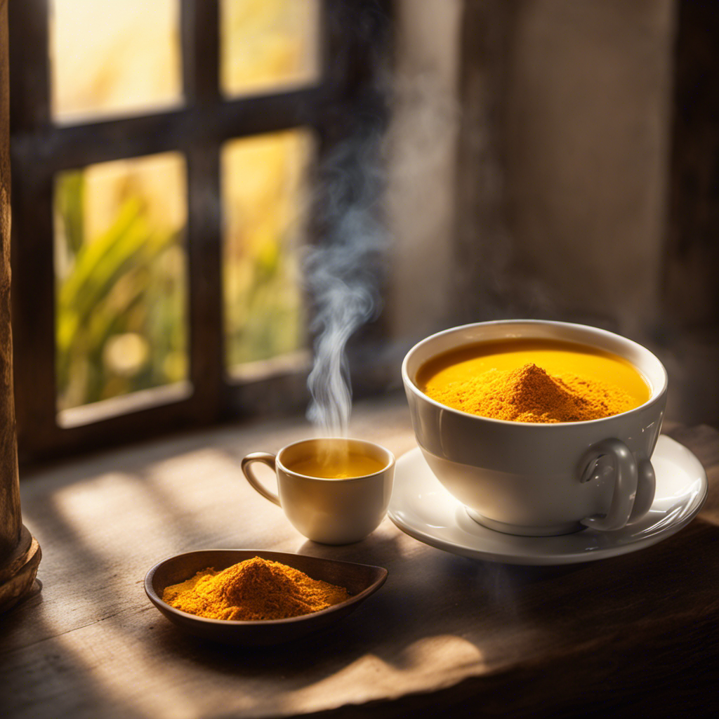 An image showcasing a vibrant cup of golden turmeric tea, steam rising from the surface, surrounded by fresh, whole turmeric roots and warm rays of sunlight streaming through a window