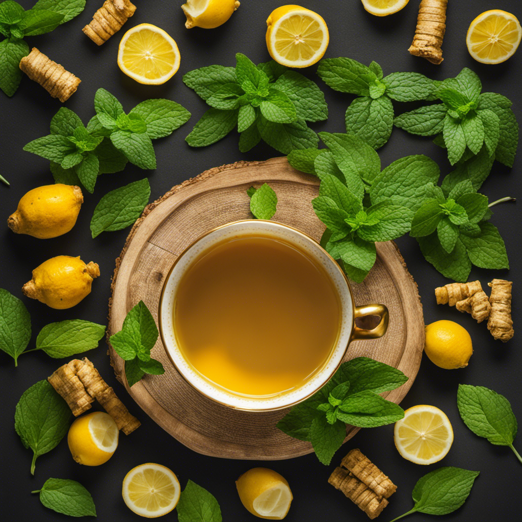 An image showcasing a steaming cup of golden turmeric tea, surrounded by vibrant green mint leaves and slices of fresh lemon, evoking a sense of warmth and soothing relief for ulcerative colitis