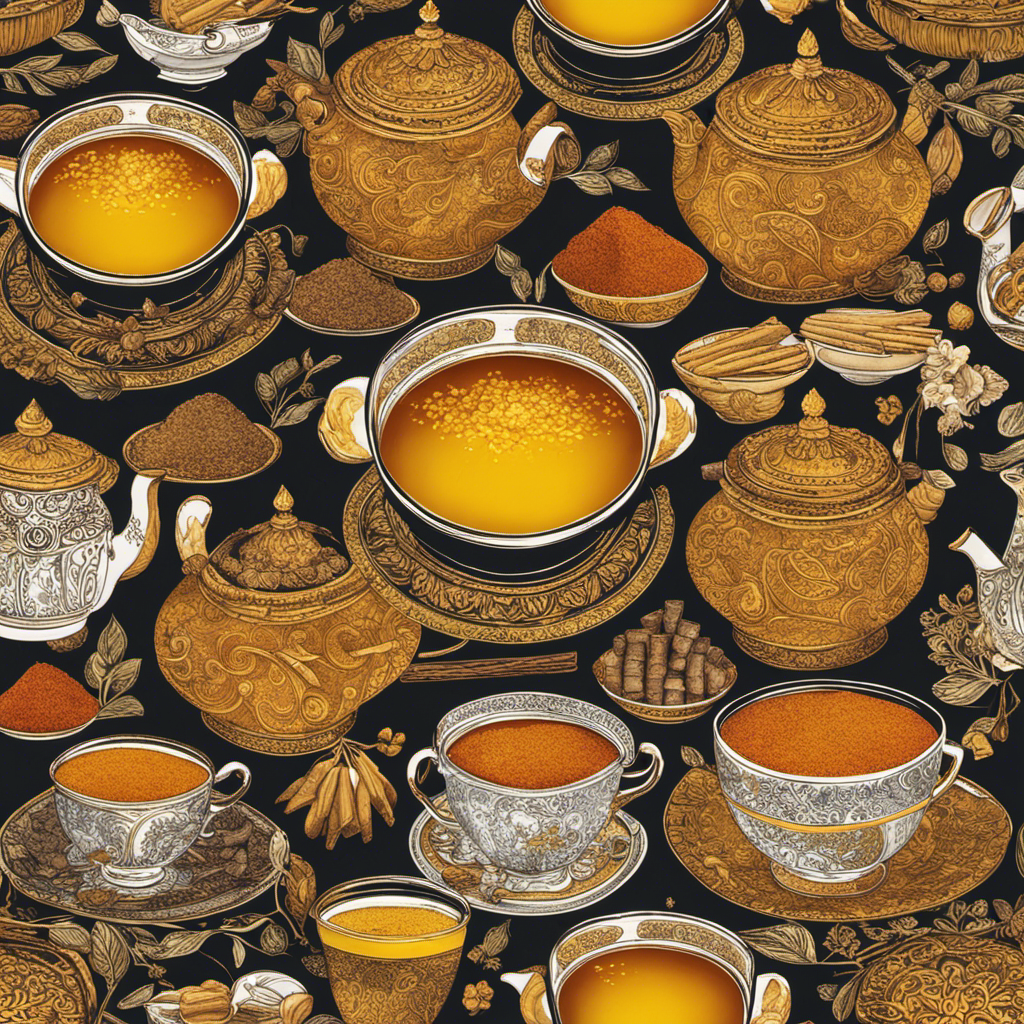 An image showcasing a steaming cup of vibrant golden turmeric tea, gently swirling with fragrant spices like ginger and cinnamon, soothingly comforting a distressed stomach