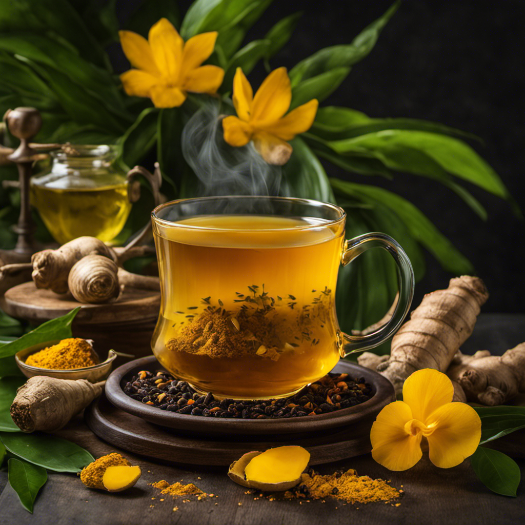 An image of a warm, inviting mug filled with vibrant yellow turmeric tea, steam rising gracefully, surrounded by fresh ginger slices and a sprinkle of black pepper, against a backdrop of soothing green leaves
