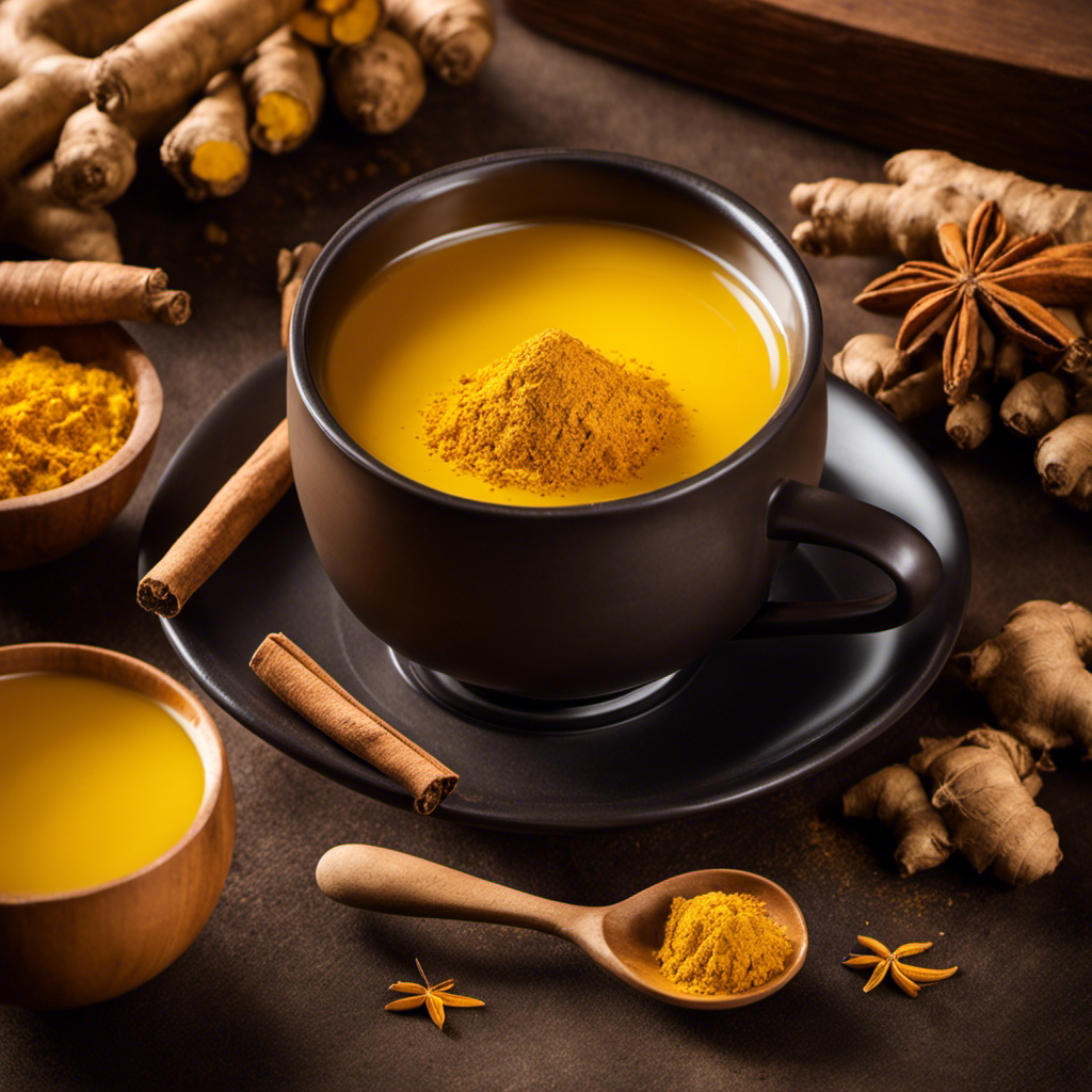 An enticing image showcasing a warm cup of turmeric tea, steaming gently, surrounded by vibrant yellow turmeric roots, fresh ginger slices, and fragrant cinnamon sticks, alluding to the healing benefits for vaginal health