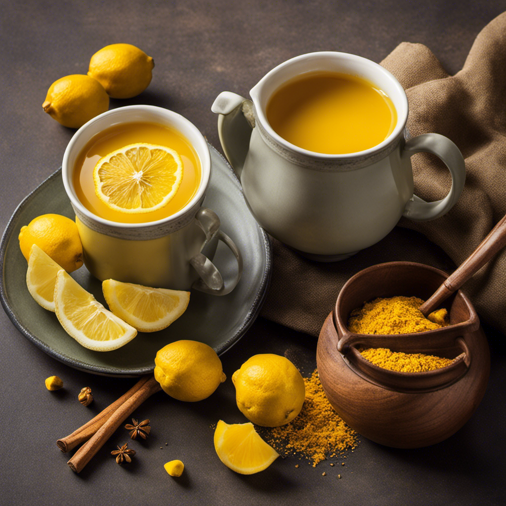 An image showcasing a warm, invigorating cup of turmeric tea, steaming gently in a vibrant yellow mug