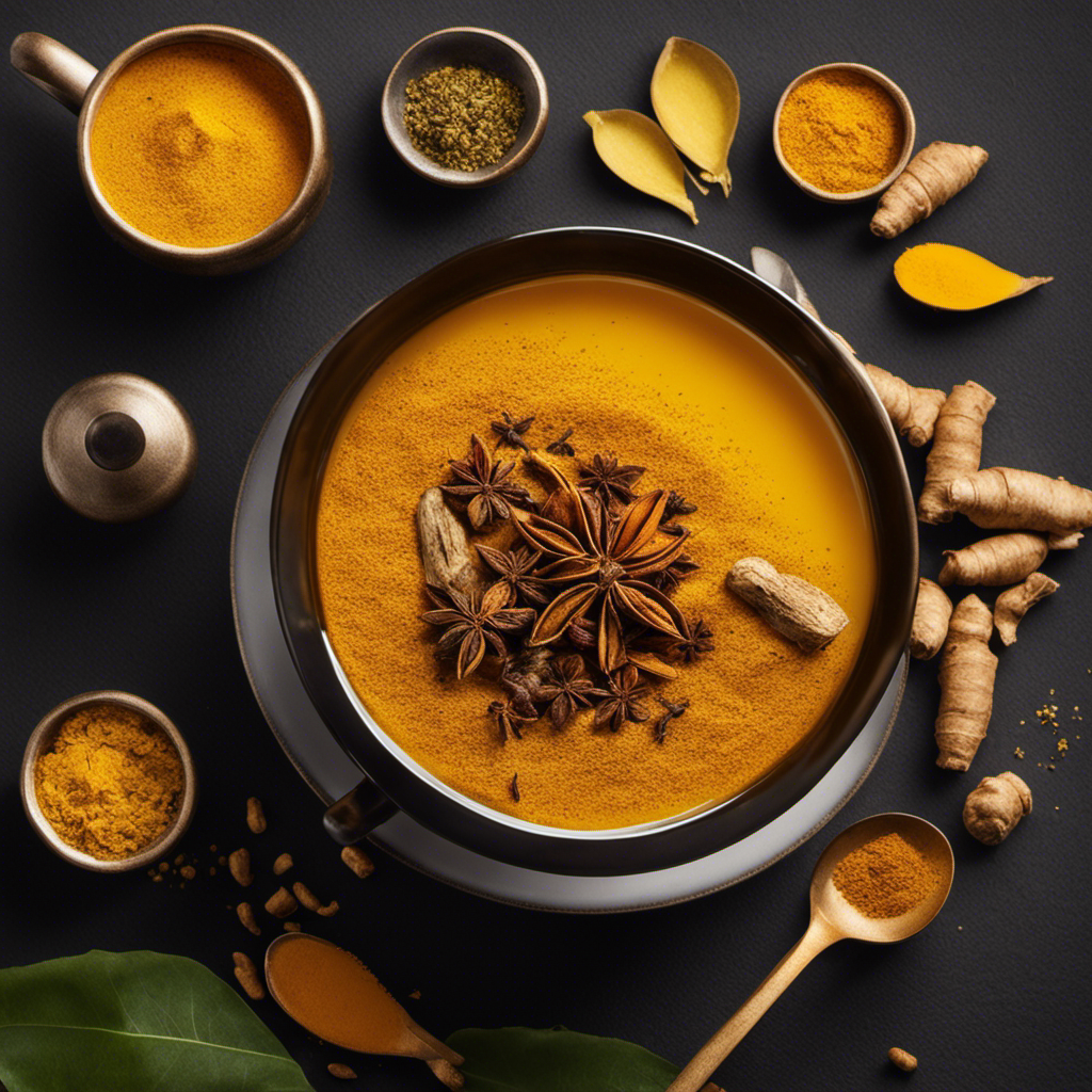 An image showcasing a warm cup of golden turmeric tea, gently steaming, infused with healing spices