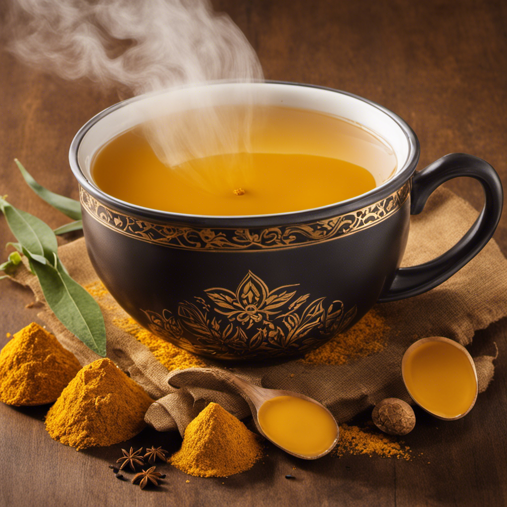 An image showcasing a steaming cup of turmeric tea brewed from vibrant yellow tea bags