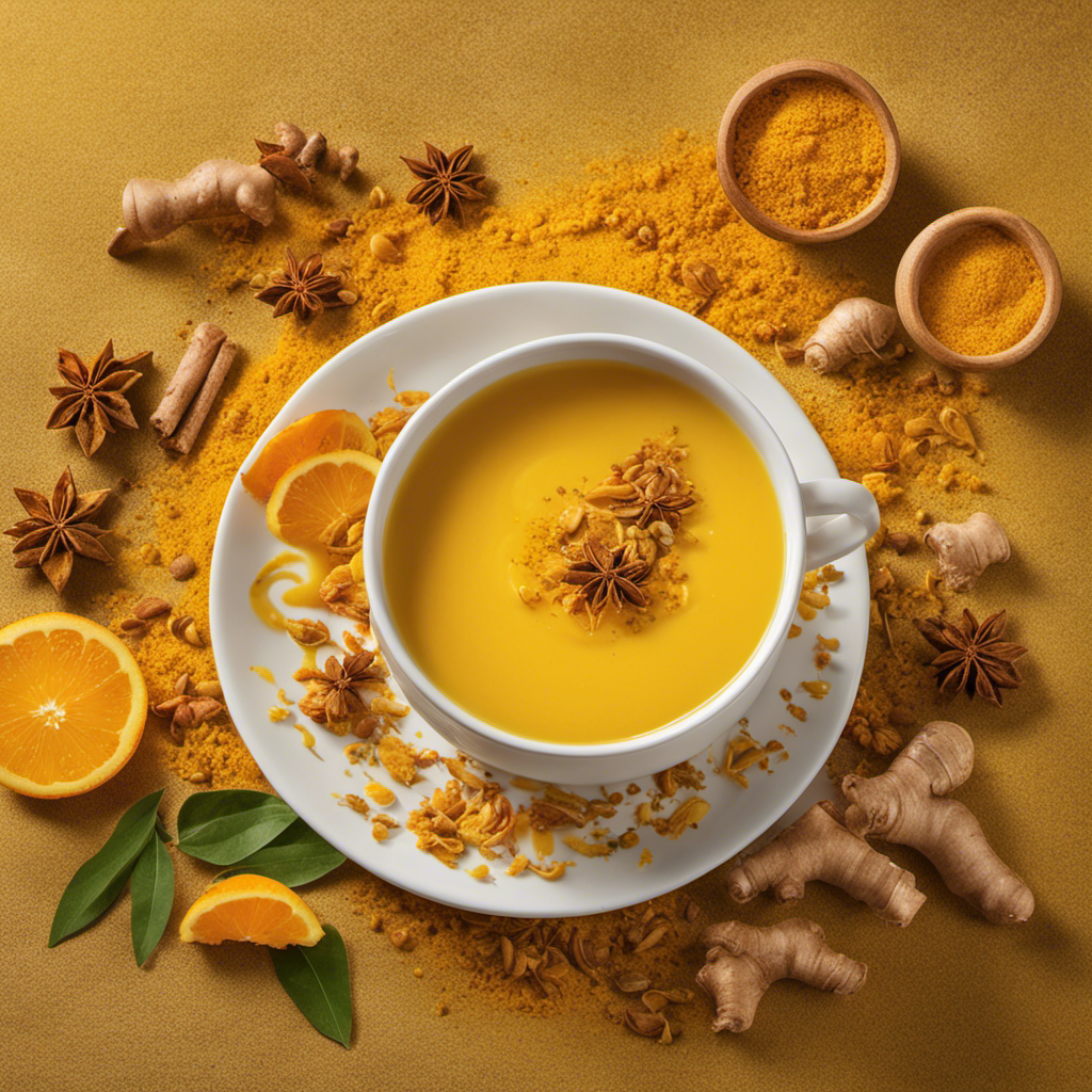An image that showcases a steaming cup of creamy golden Turmeric Tea Ginger Milk, gently swirling with vibrant hues of orange and yellow