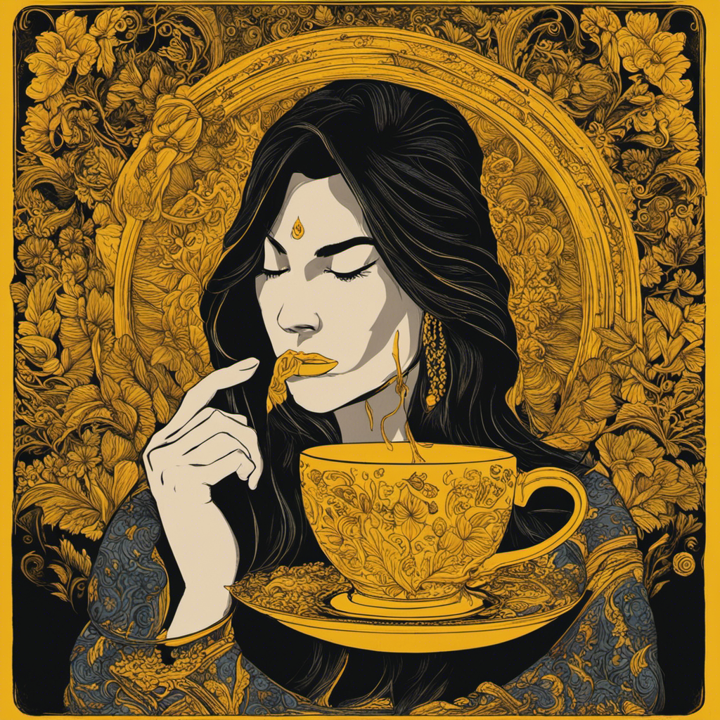 An image capturing the agony of a migraine sufferer, surrounded by brewing turmeric tea