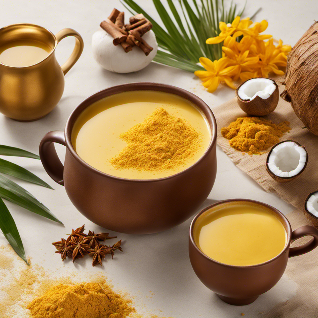 An image showcasing a steaming cup of rich, vibrant golden milk infused with turmeric