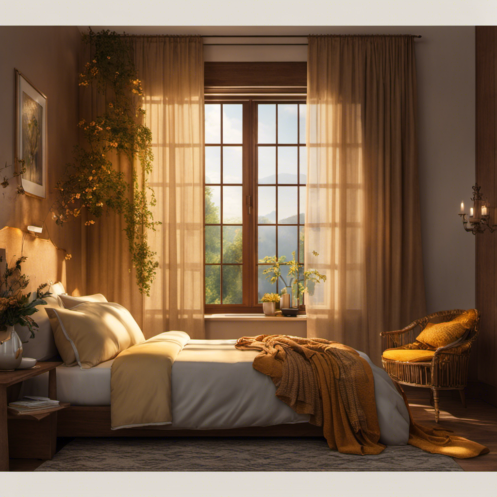 An image that depicts a serene bedroom scene with a cozy bed, a steaming cup of turmeric tea placed on a bedside table, and soft morning light streaming through the curtains, suggesting the perfect start to the day or a peaceful night's sleep
