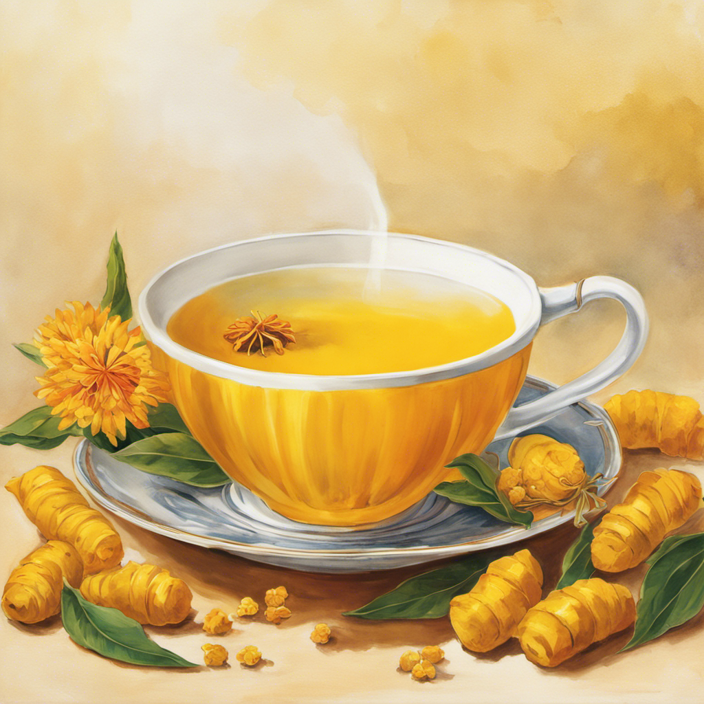 An image that showcases a warm cup of turmeric tea, gently steaming, with vibrant yellow hues