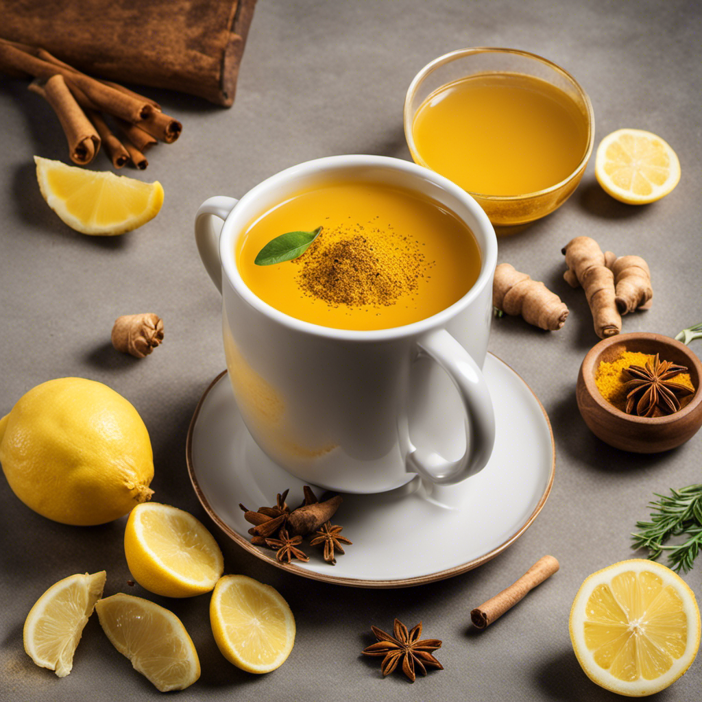 An image showcasing a steaming mug of vibrant yellow turmeric tea, with aromatic spices swirling in the air