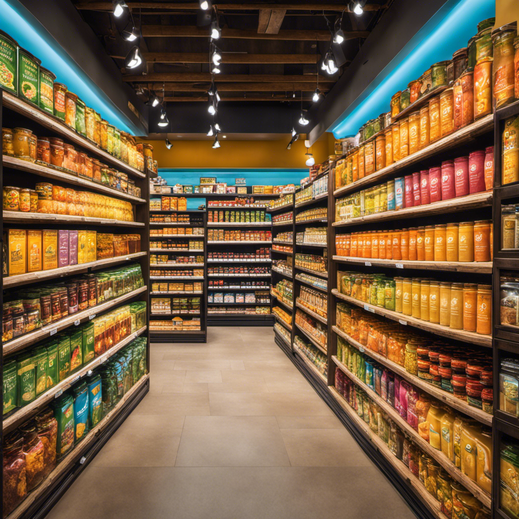 An image that showcases a vibrant grocery aisle filled with neatly arranged shelves, displaying an array of turmeric tea products