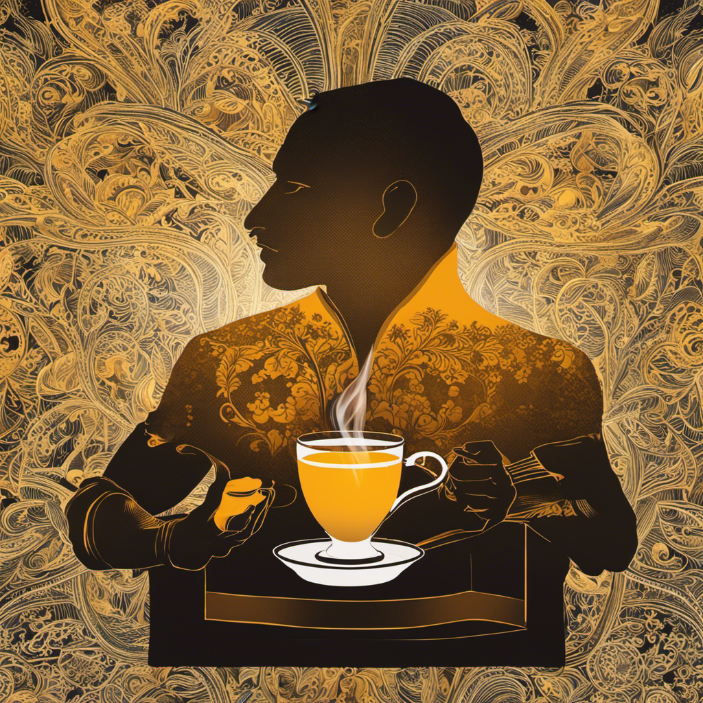 An image that showcases a warm cup of turmeric tea, gently steaming, with a silhouette of a man in the background, symbolizing the alleviation of gynecomastia symptoms