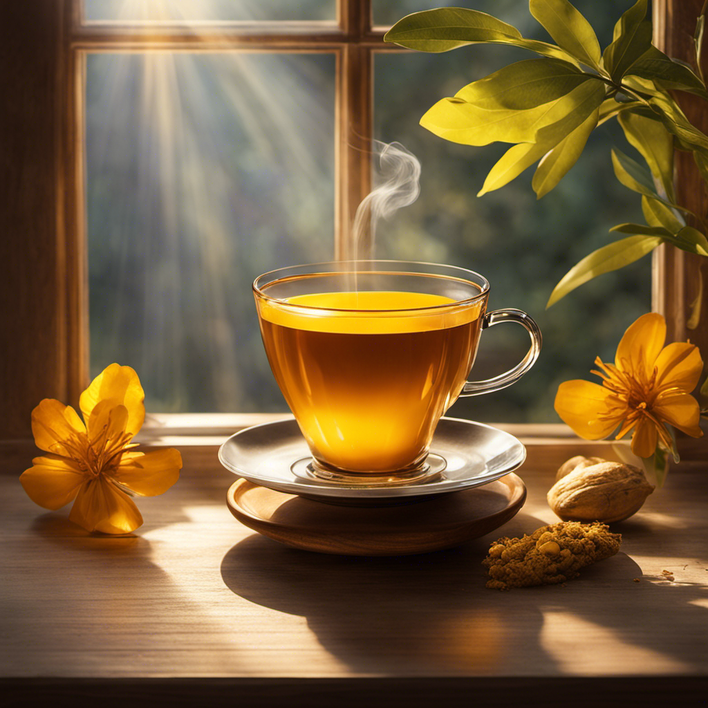 An image capturing the serene morning ambiance: a warm cup of turmeric tea gently steaming, golden rays of sunlight filtering through a window, and a delicate scale showcasing weight loss progress