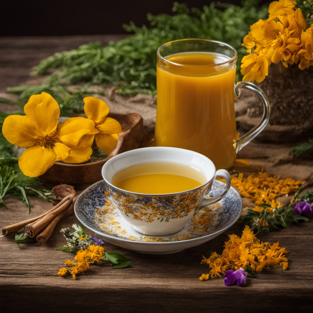 An image of a steaming cup of vibrant golden turmeric tea, gently nestled on a rustic wooden table adorned with fresh Cincinnati wildflowers, evoking the rich flavors and warmth of this beloved Ohioan beverage