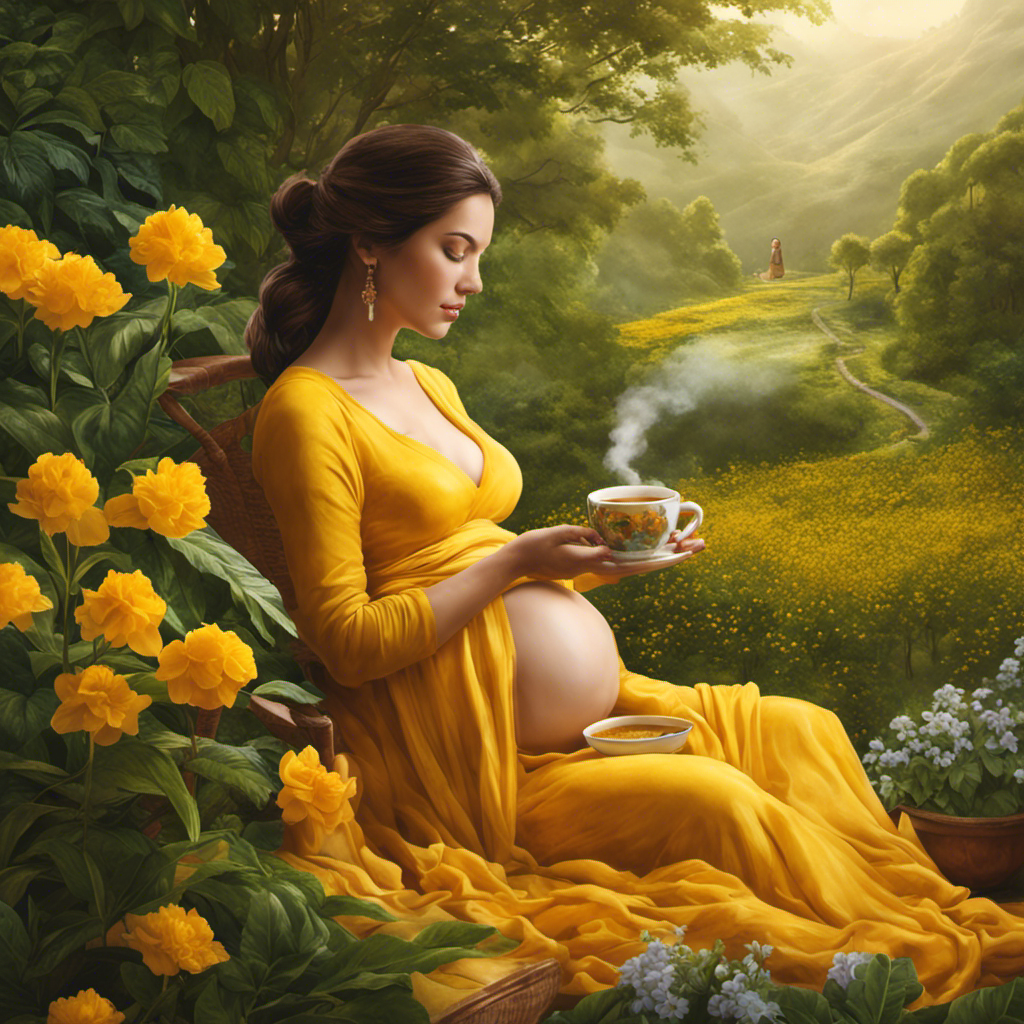 An image of a serene, expectant mother cradling a vibrant yellow mug of turmeric tea, steam gently rising, surrounded by a backdrop of lush greenery and blooming flowers, symbolizing nourishment and wellness during pregnancy