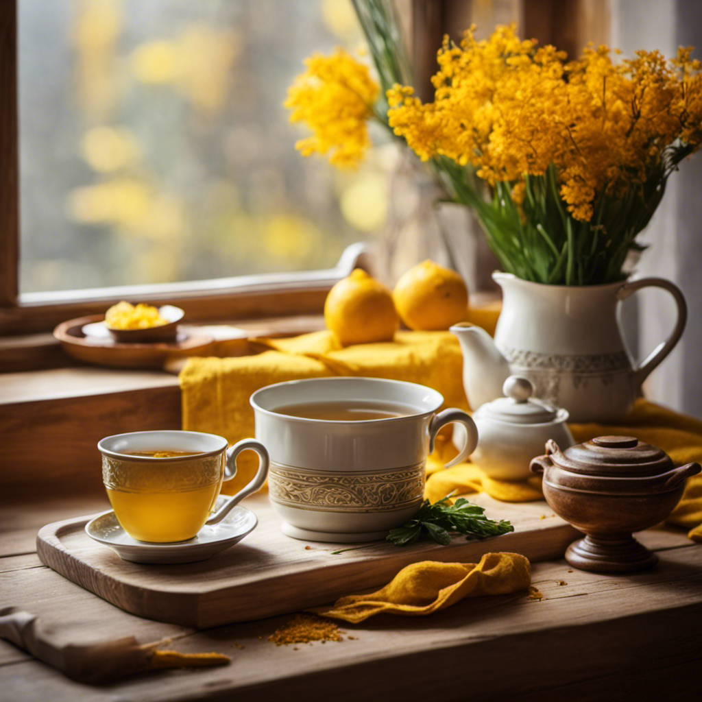 An image capturing the serene ambiance of a cozy kitchen, with a steaming cup of vibrant yellow turmeric tea beside a sunny window, radiating warmth and health, inviting readers to explore the invigorating benefits of this morning elixir