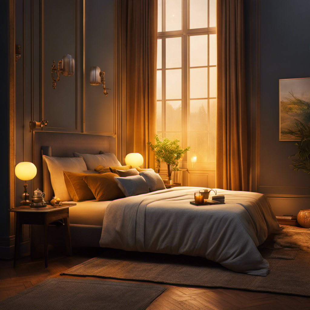 An image of a tranquil bedroom at night, illuminated by a soft, warm glow