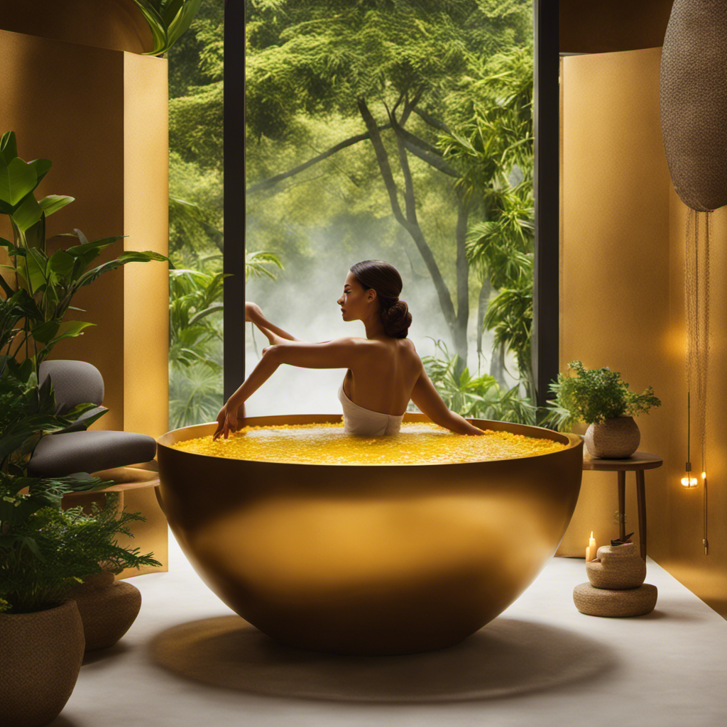 A vibrant image showcasing a serene spa-like setting with a person immersed in a warm turmeric tea bath