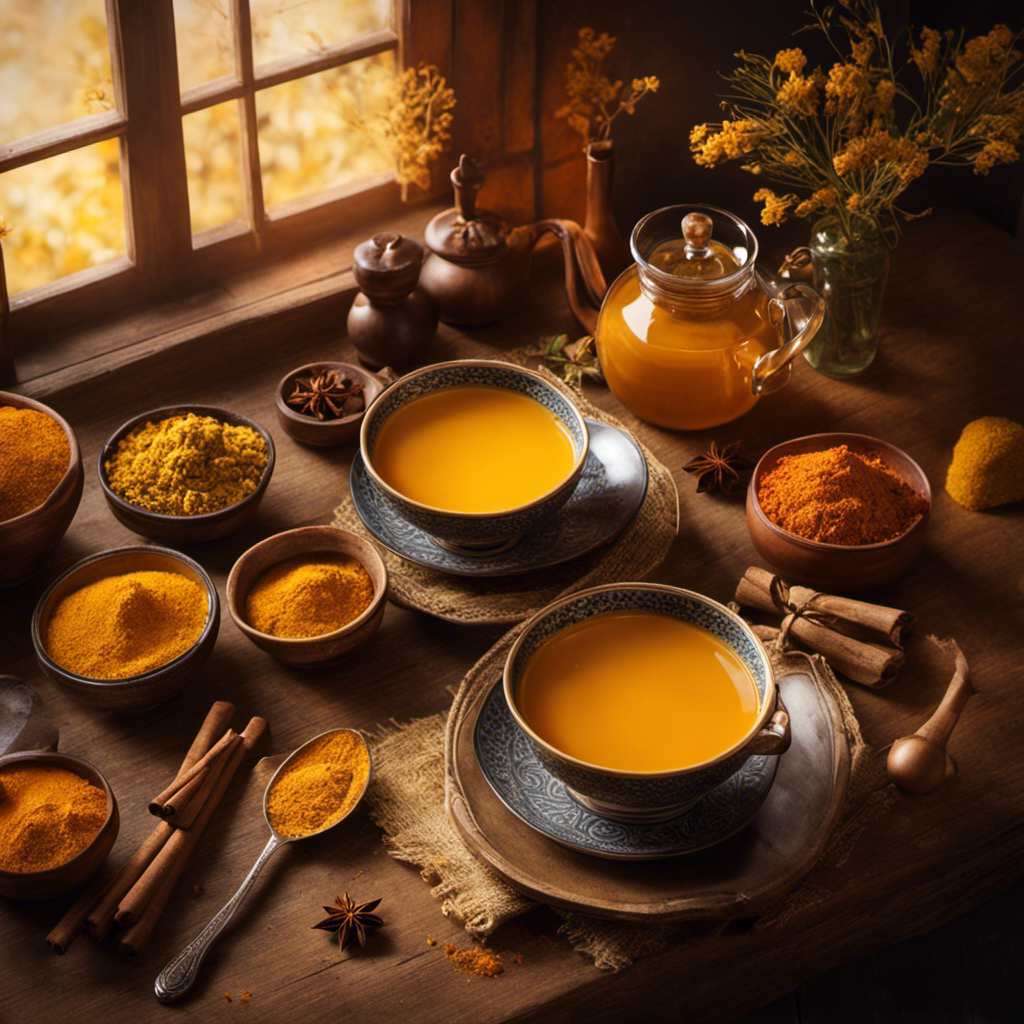 An image showcasing a cozy kitchen scene with a steaming cup of turmeric tea