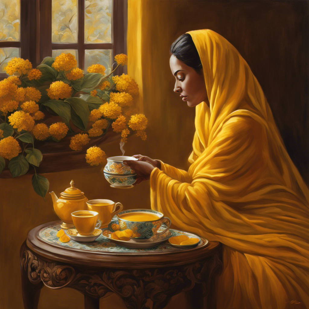 An image that showcases a comforting scene of a woman cradling a warm cup of turmeric tea, surrounded by vibrant yellow hues, symbolizing hope and healing after a miscarriage