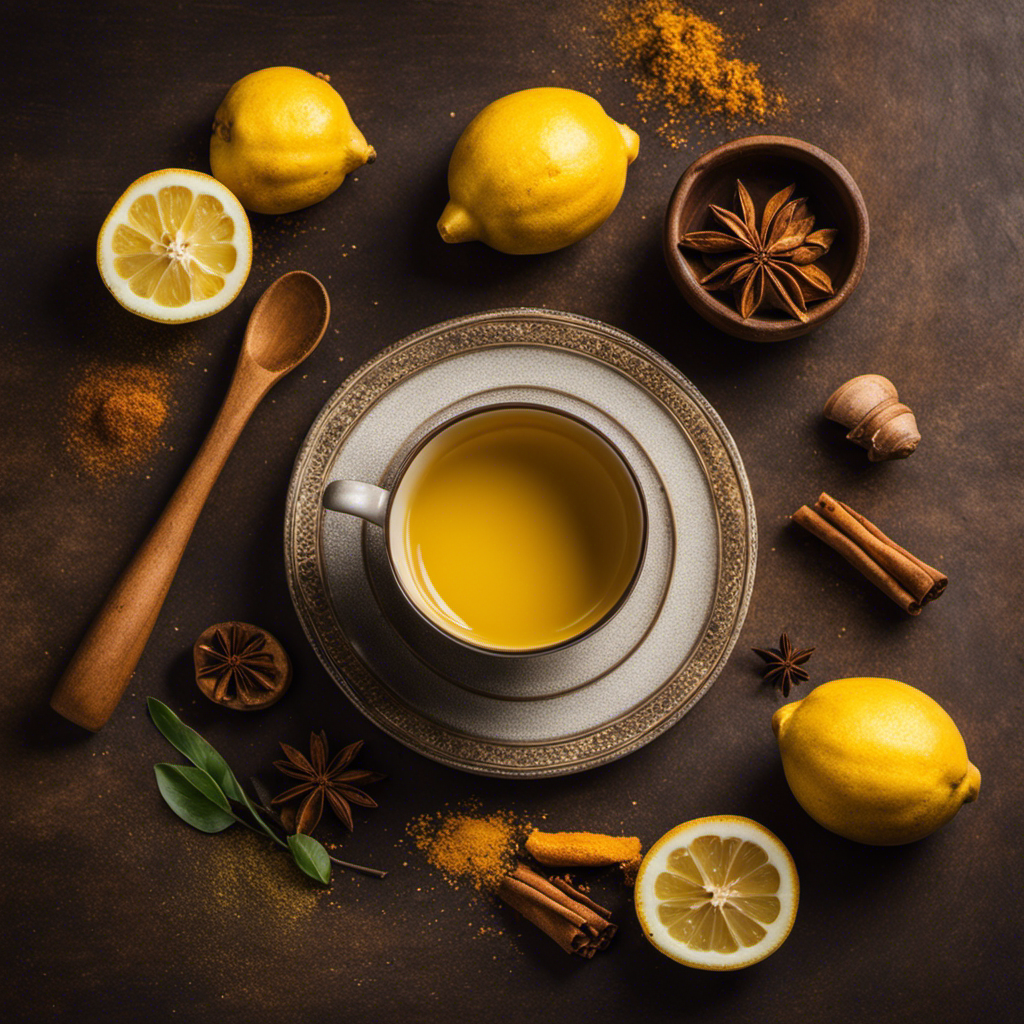 An image of a steaming cup of golden turmeric tea, adorned with a vibrant slice of lemon and a sprinkle of cinnamon