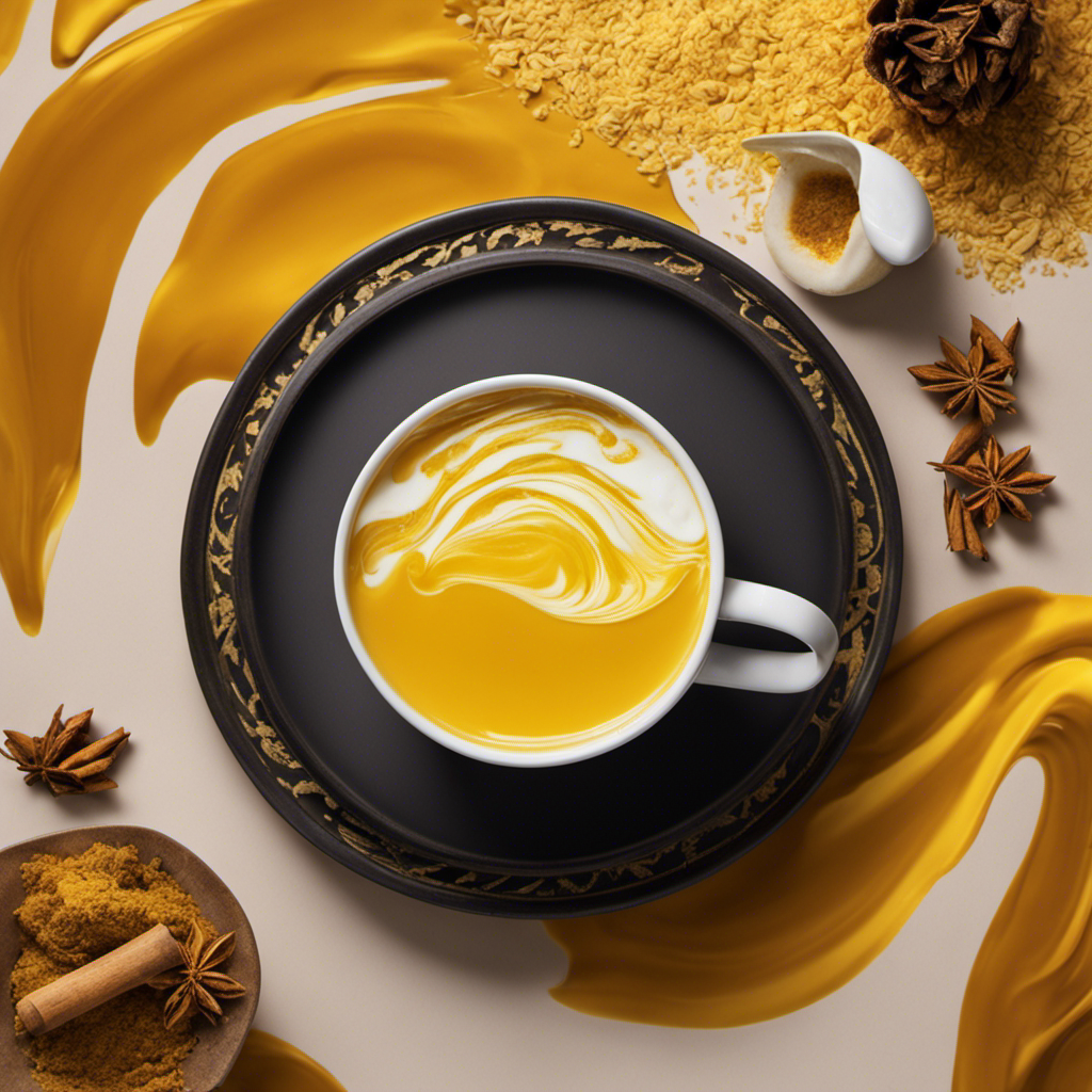 An image featuring a steaming mug of golden turmeric tea, swirled with creamy coconut sugar, gently mixing into a frothy cup of warm milk