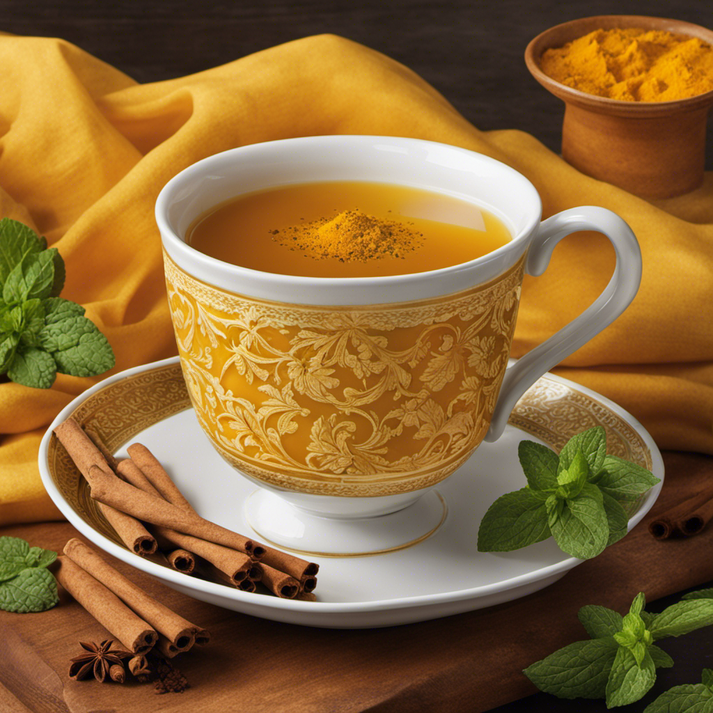 an image showcasing a steaming cup of vibrant yellow turmeric tea, with swirling patterns of cinnamon, ginger, and cardamom