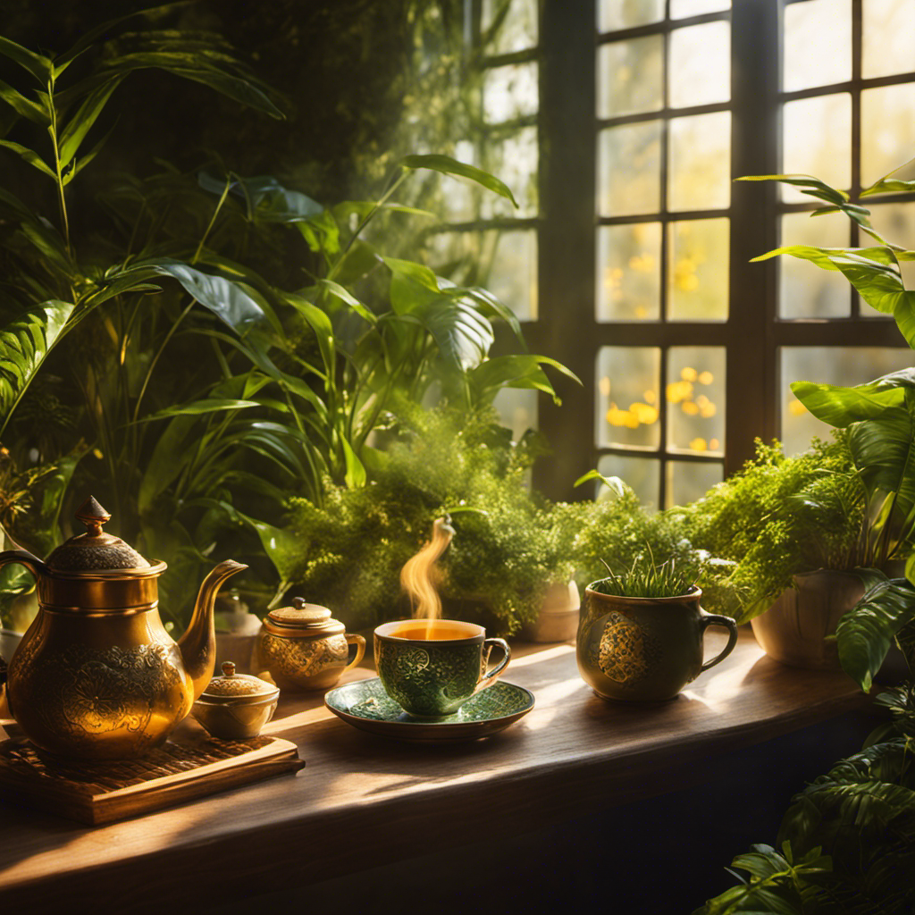 An image showcasing a serene and cozy space, with a steaming cup of golden turmeric tea surrounded by vibrant green plants