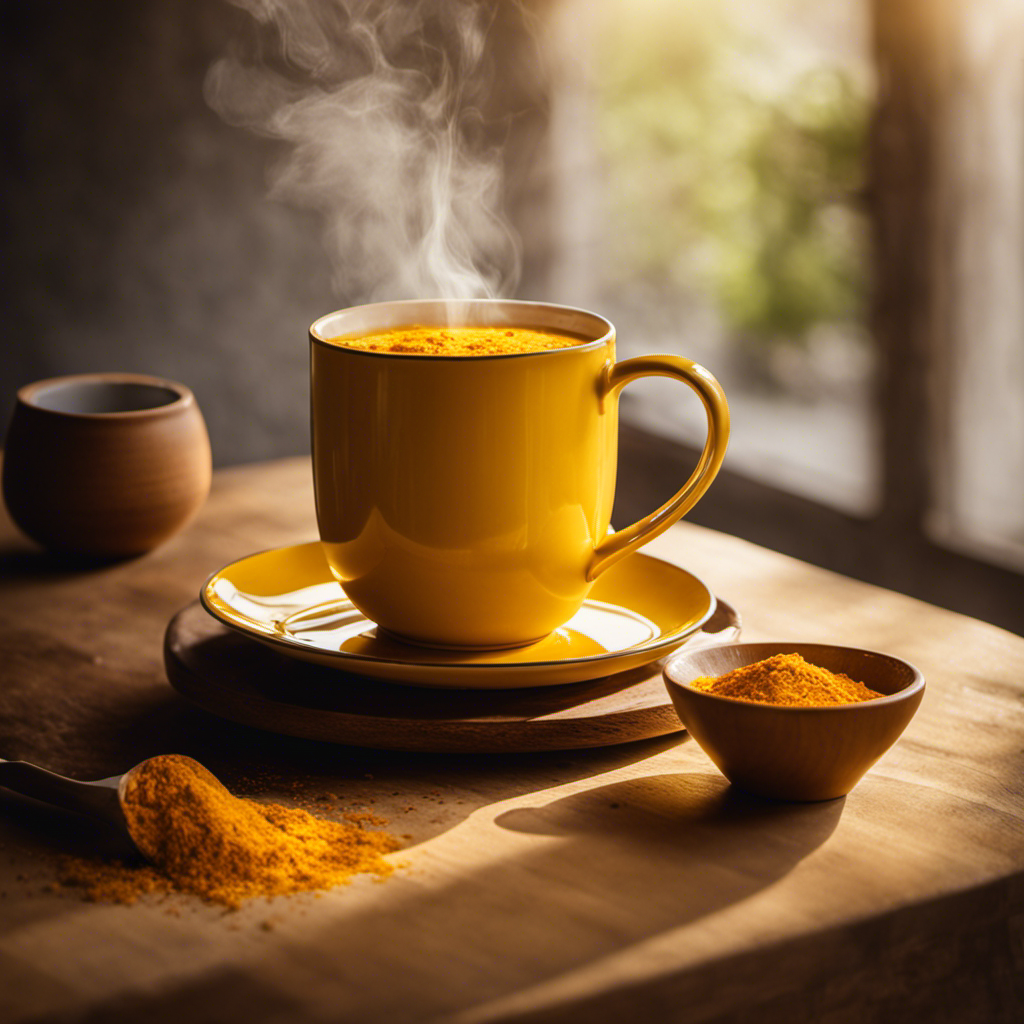 An image showcasing a vibrant yellow mug filled with warm turmeric tea, steam gently rising from its surface