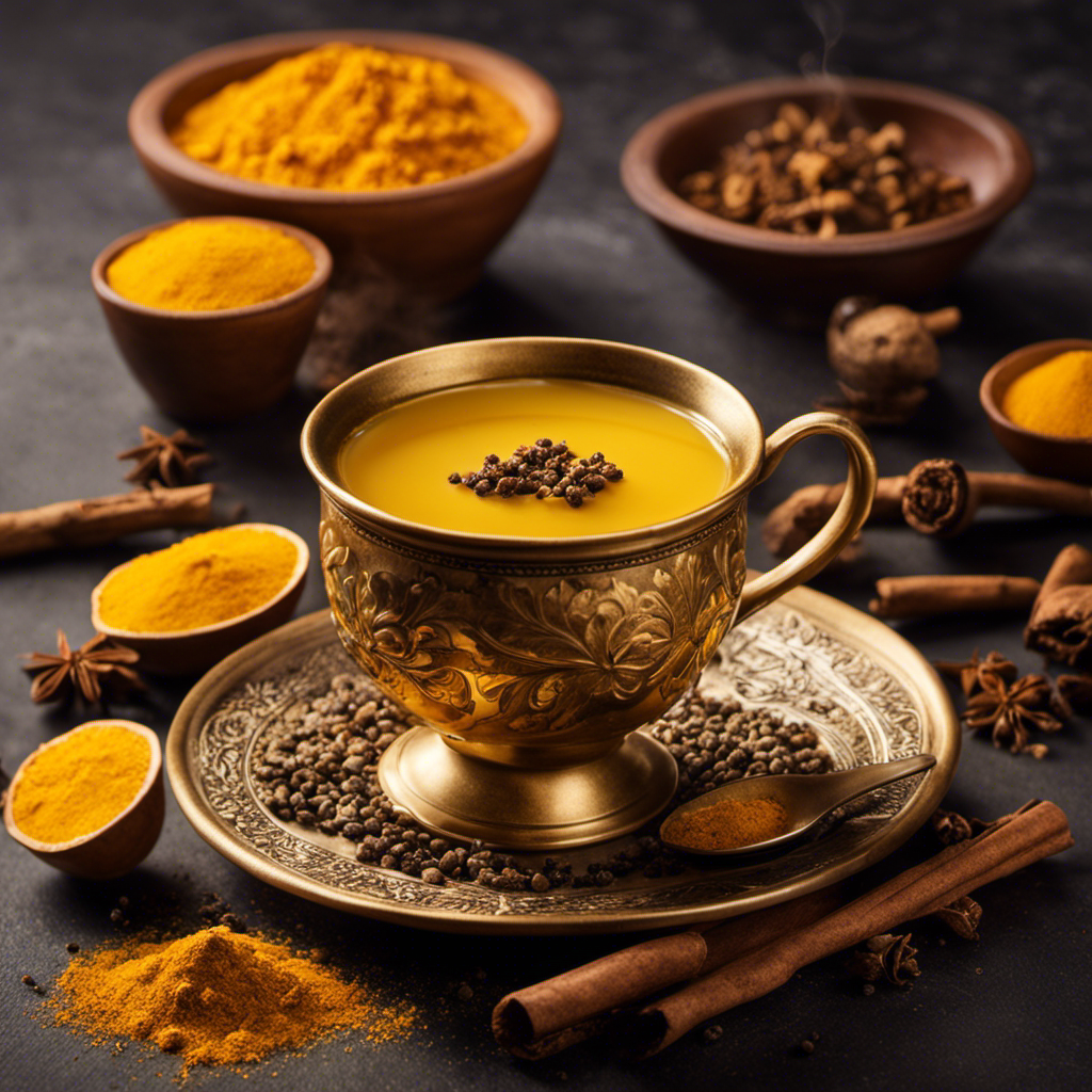 An image showcasing a steaming cup of golden turmeric tea, gently swirling with fragrant steam, surrounded by vibrant whole turmeric roots, freshly ground black pepper, and a sprinkle of cinnamon