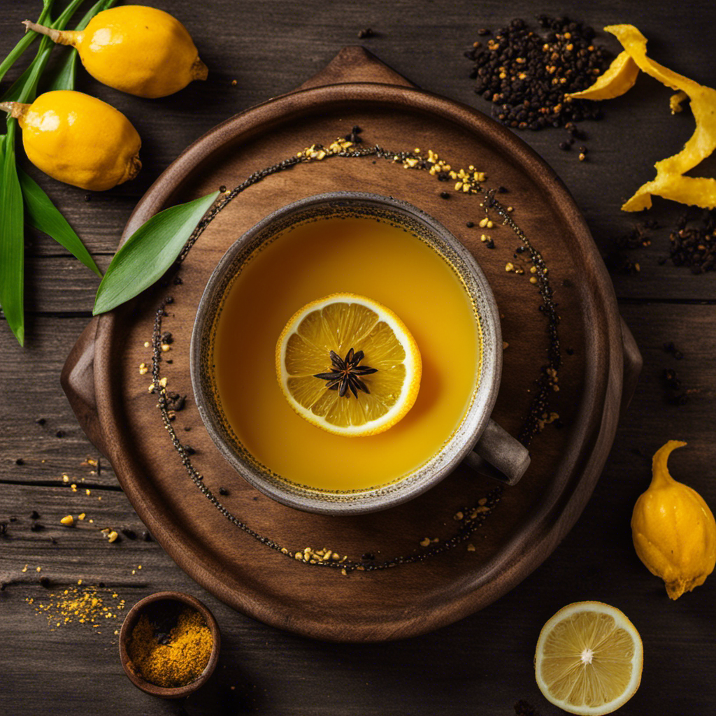 An image showcasing a steaming cup of vibrant yellow turmeric tea, garnished with a sprinkle of black pepper and a slice of lemon