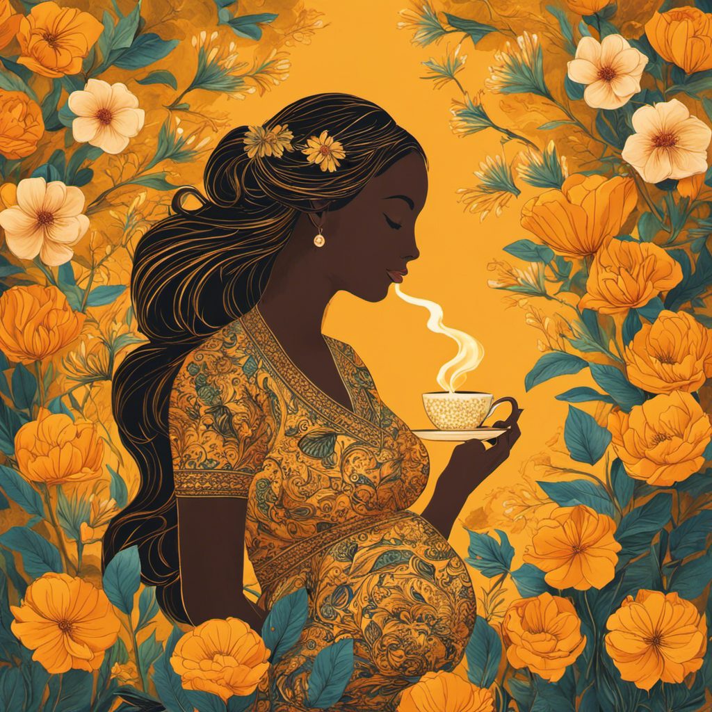 An image showcasing a serene pregnant woman savoring a steaming cup of vibrant golden turmeric tea, surrounded by blooming flowers and a gentle ray of sunlight, symbolizing the nourishing and calming benefits during pregnancy