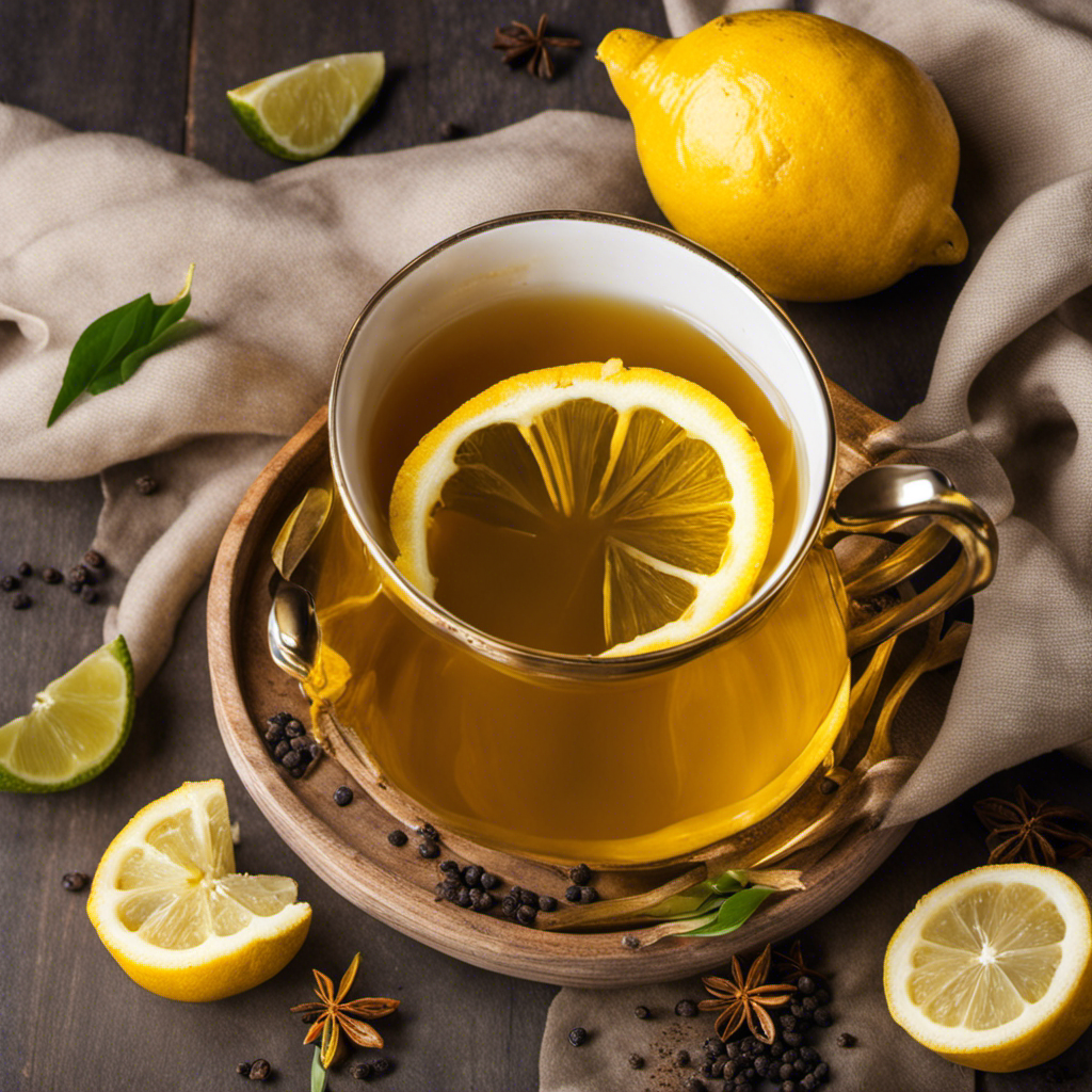 An image showcasing a vibrant cup of golden turmeric tea, steam rising from its surface, garnished with fresh lemon slices and a sprinkle of black pepper, representing a soothing and healing recipe for a healthy gallbladder