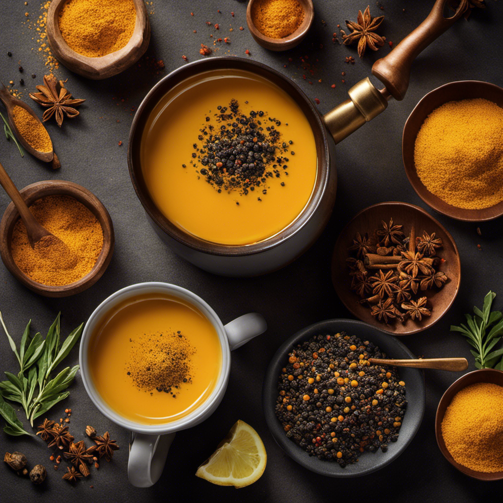 An image of a warm, golden-hued mug filled with creamy turmeric tea
