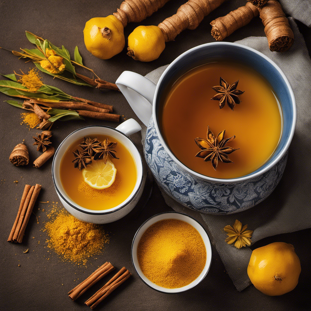 An image capturing a warm, inviting kitchen scene with a steaming mug of vibrant golden turmeric tea