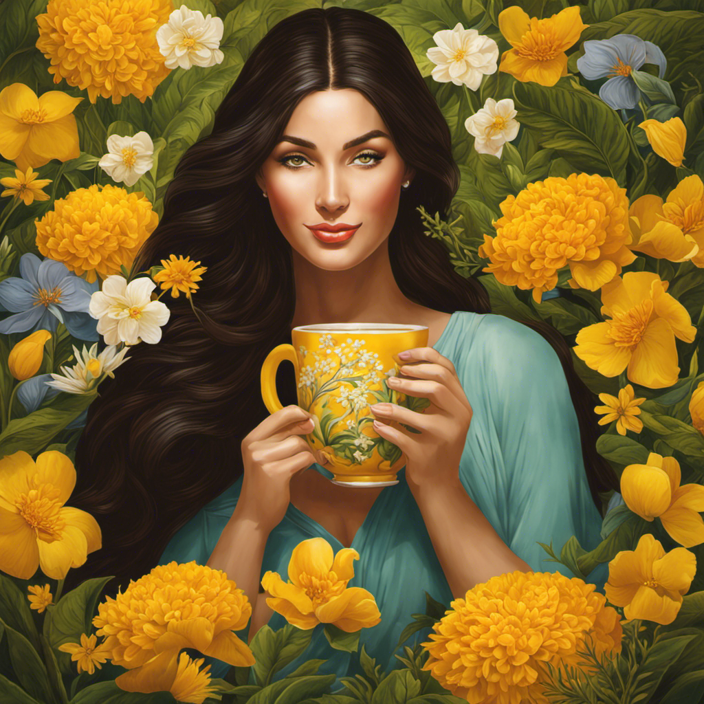 An image showcasing a serene, expectant mother peacefully sipping on a warm cup of vibrant yellow turmeric tea, radiating with health benefits, while surrounded by soothing natural elements like blooming flowers and lush greenery