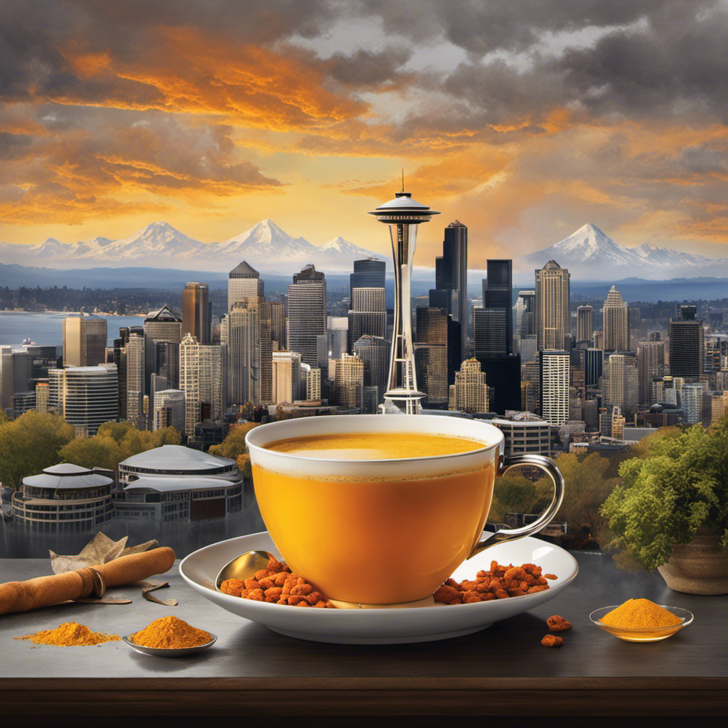 Nt image showcasing a steaming cup of Turmeric Tea, resonating with hues of golden yellow and orange, set against the backdrop of Seattle's iconic skyline, enveloped in misty gray clouds