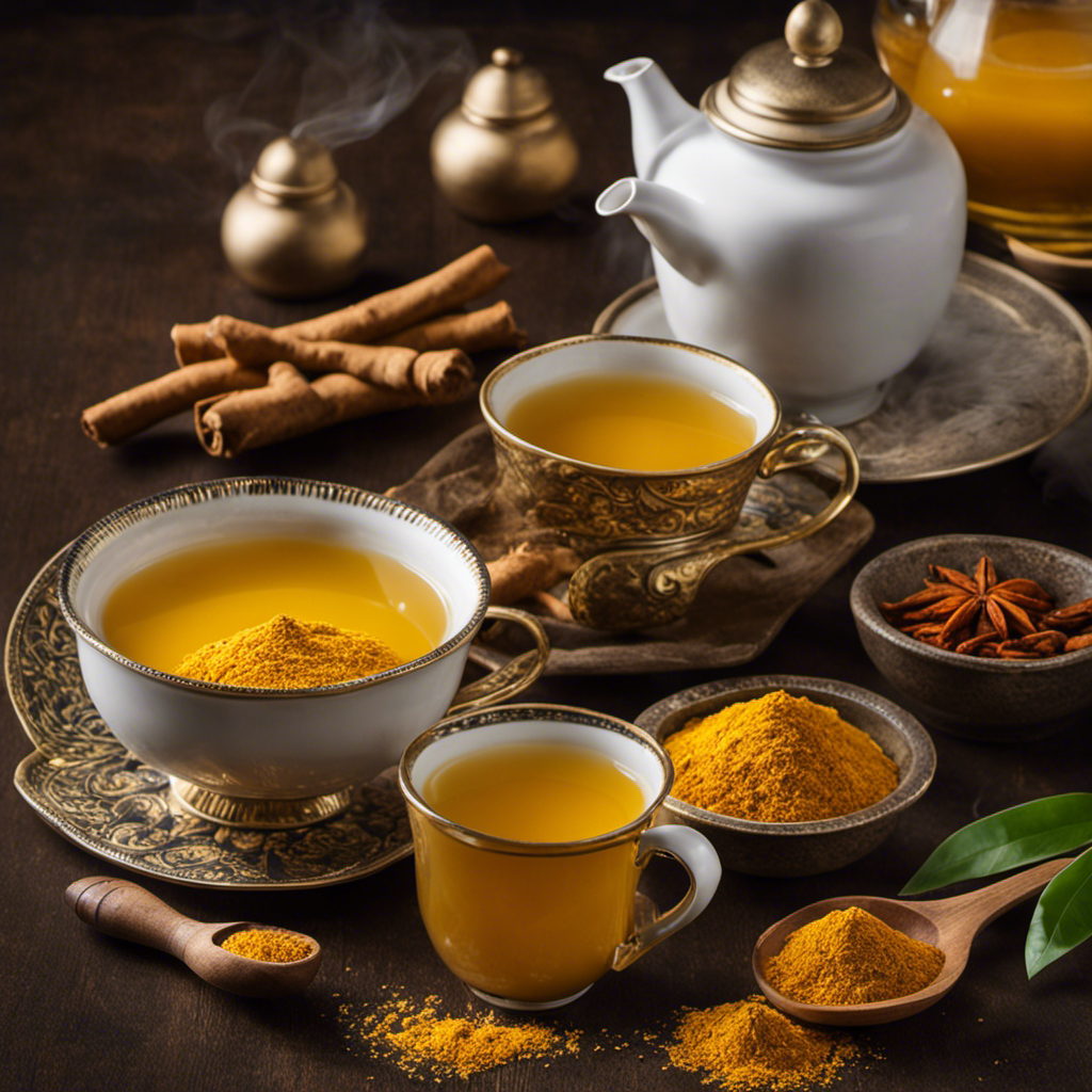 An image that captures the vibrant essence of Turmeric Tea at Shoppers Food Warehouse - a steaming cup of golden tea, infused with aromatic spices, radiating warmth and inviting relaxation