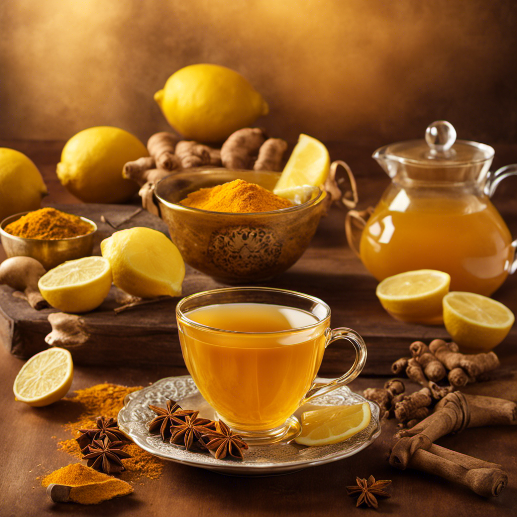 An image showcasing a steaming cup of vibrant golden turmeric tea, infused with fragrant spices, surrounded by fresh ingredients like ginger, cinnamon, and lemon