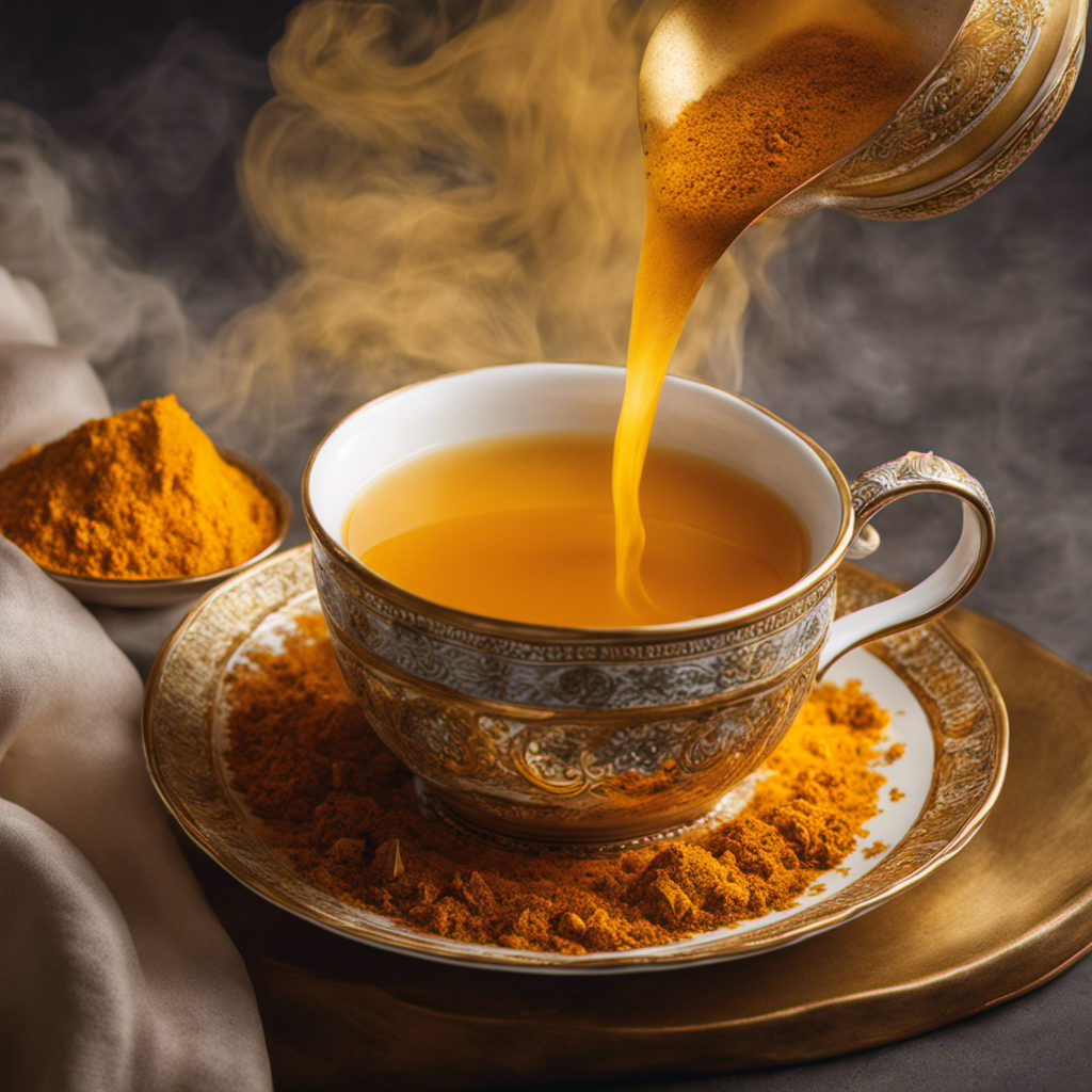 An image showcasing a close-up of a person's hand holding a steaming cup of vibrant turmeric tea, with golden-hued steam gracefully swirling upwards, contrasting against a backdrop of delicate porcelain