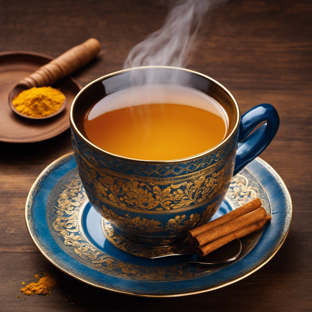 An image showcasing a steaming cup of soothing turmeric tea, its vibrant golden color contrasting against a backdrop of soothing blue hues