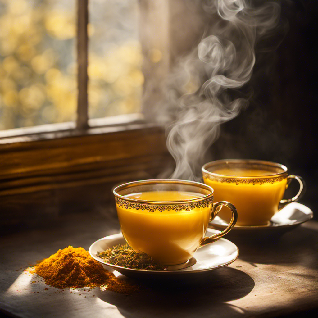 An image of a serene, steaming cup of golden turmeric tea gently held by a pair of hands