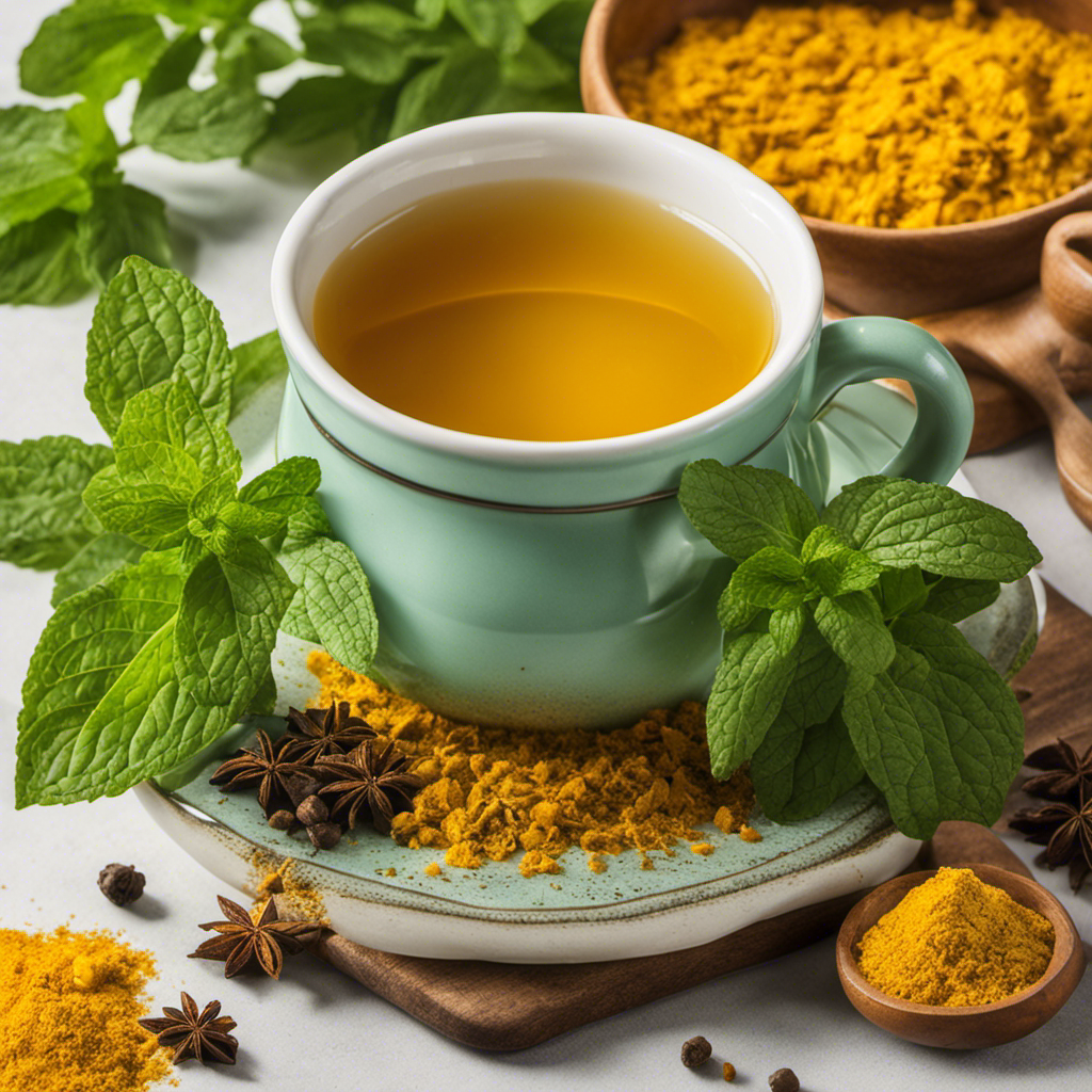 An image of a steaming cup of golden turmeric tea, surrounded by soothing mint leaves and a sprinkle of black pepper