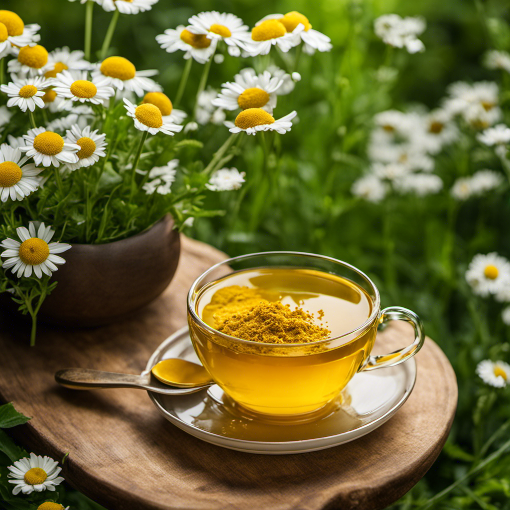 An image of a steaming mug of golden Turmeric Tea, surrounded by a soothing green backdrop of chamomile flowers