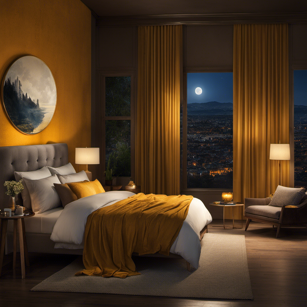 An image showcasing a serene bedroom at night, with a warm cup of turmeric tea on the bedside table