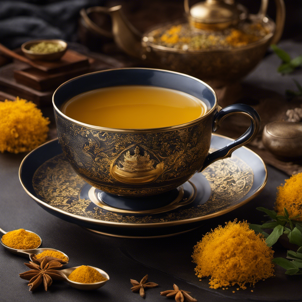 An image showcasing a serene moonlit night with a cozy teacup filled with golden turmeric tea, surrounded by calming herbs and spices, evoking a peaceful atmosphere for nocturia relief