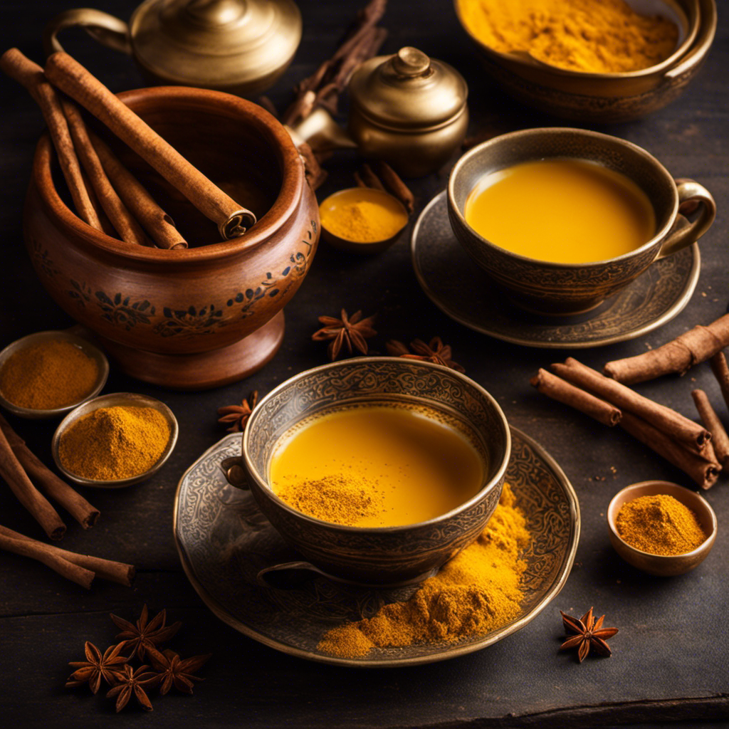 An image capturing the warm essence of turmeric tea: a steaming golden mug held gently in hands, aromatic steam swirling above it, vibrant yellow turmeric powder softly dusted on the surface, with a backdrop of fresh turmeric root and cinnamon sticks