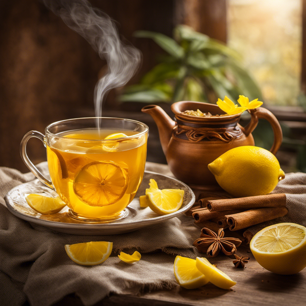 An image showcasing a serene scene of a cozy, sunlit corner with a steaming cup of vibrant yellow turmeric tea, adorned with fresh lemon slices and a sprinkle of cinnamon, exuding warmth and tranquility