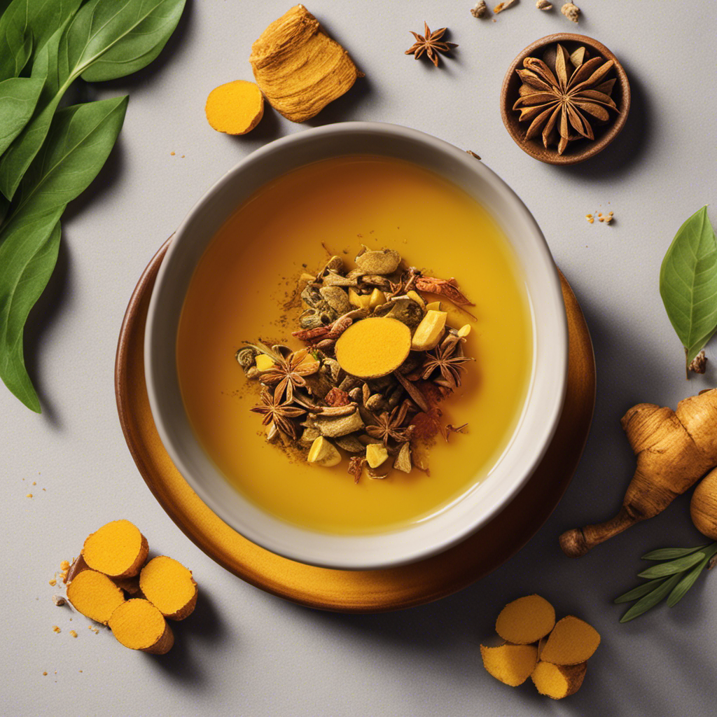 An image showcasing a vibrant, steaming cup of Turmeric Tea Three Roots