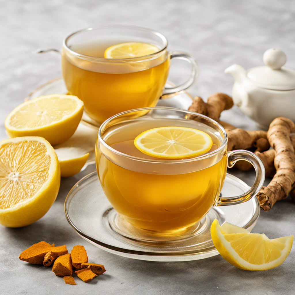 An image showcasing a steaming cup of vibrant turmeric tea, surrounded by fresh ginger slices and lemon wedges